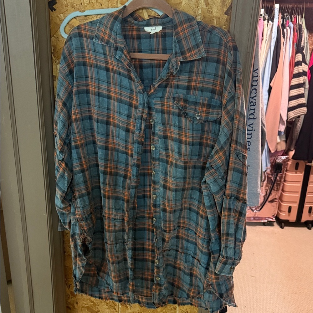 Easel Blue and Orange Plaid Shirt